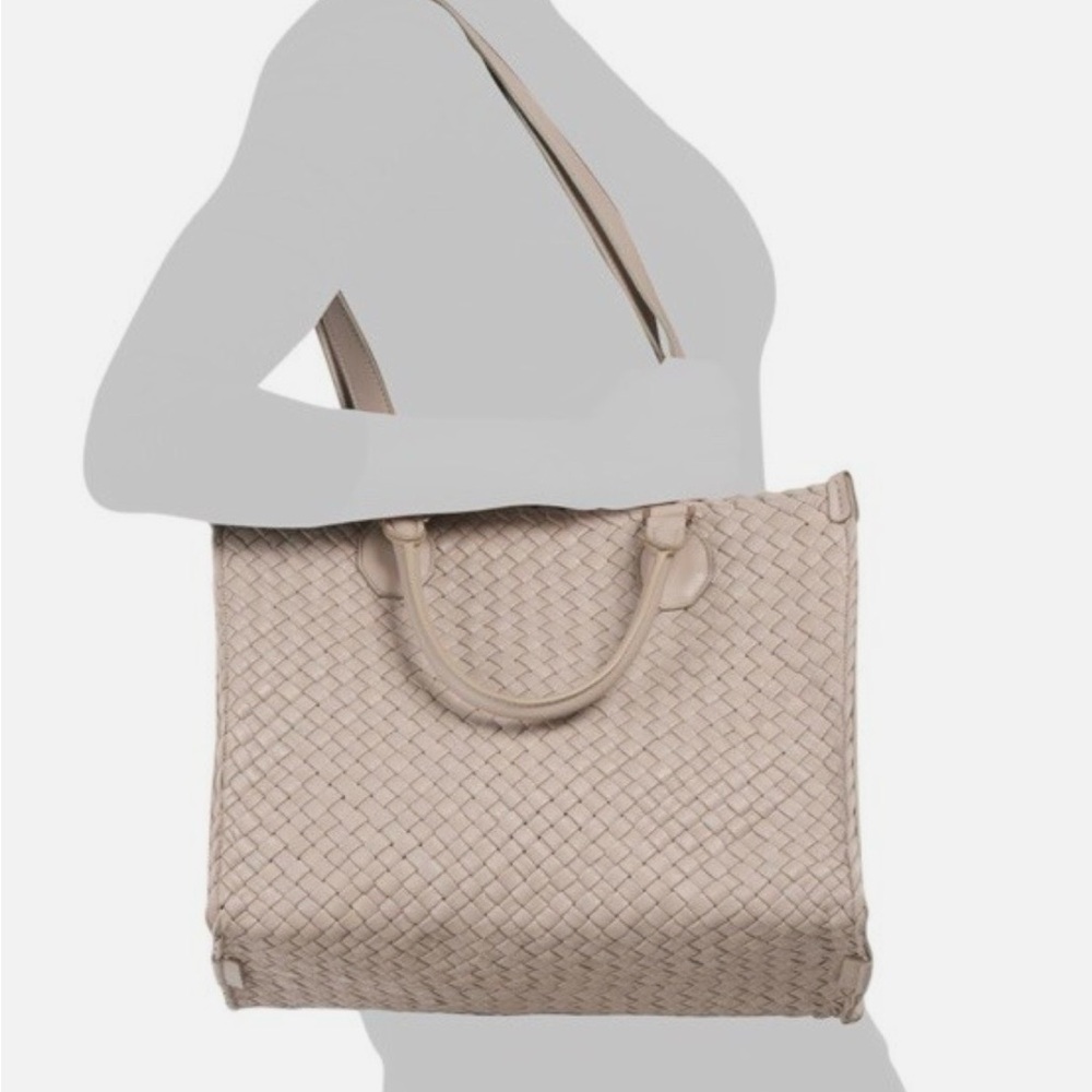 NWOT FALOR Taupe Italian Woven Soft Leather Shoulder Tote w/ 4 Straps F2754 RARE